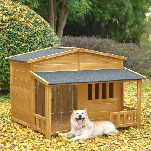 Wetterfeste Holz-Hundehütte mit Veranda – Ideal für drinnen und draußen